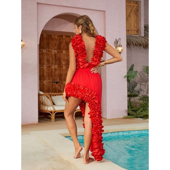 Sexy Glamorous Luxury Runway Party Outfit Ruffles Bodysuit Top Skirt Dress Cover - Picture 12 of 16